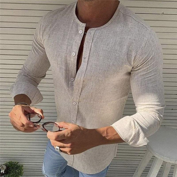 Chemise en lin homme slim fit manches longues à boutons