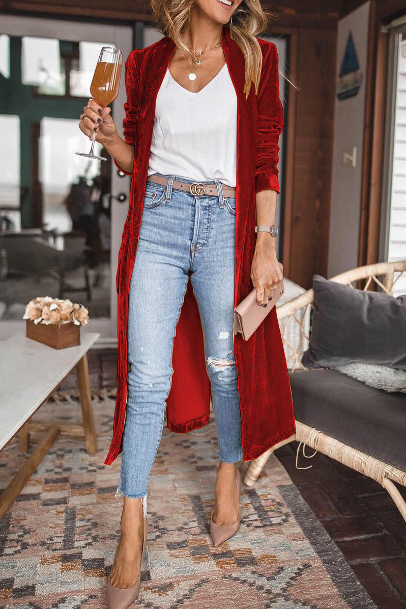 Cardigan en velours pour femmes, manches longues, élégant