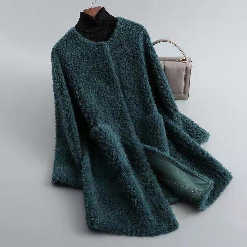 Manteau d'hiver en peau lainée pour femme avec poches