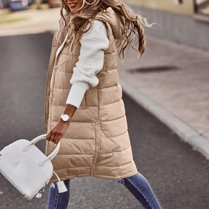 Doudoune longue sans manches pour femme avec capuche