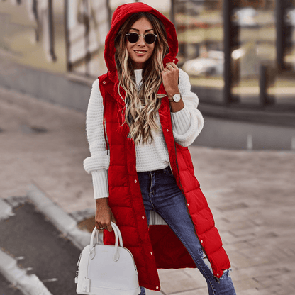 Doudoune longue sans manches pour femme avec capuche