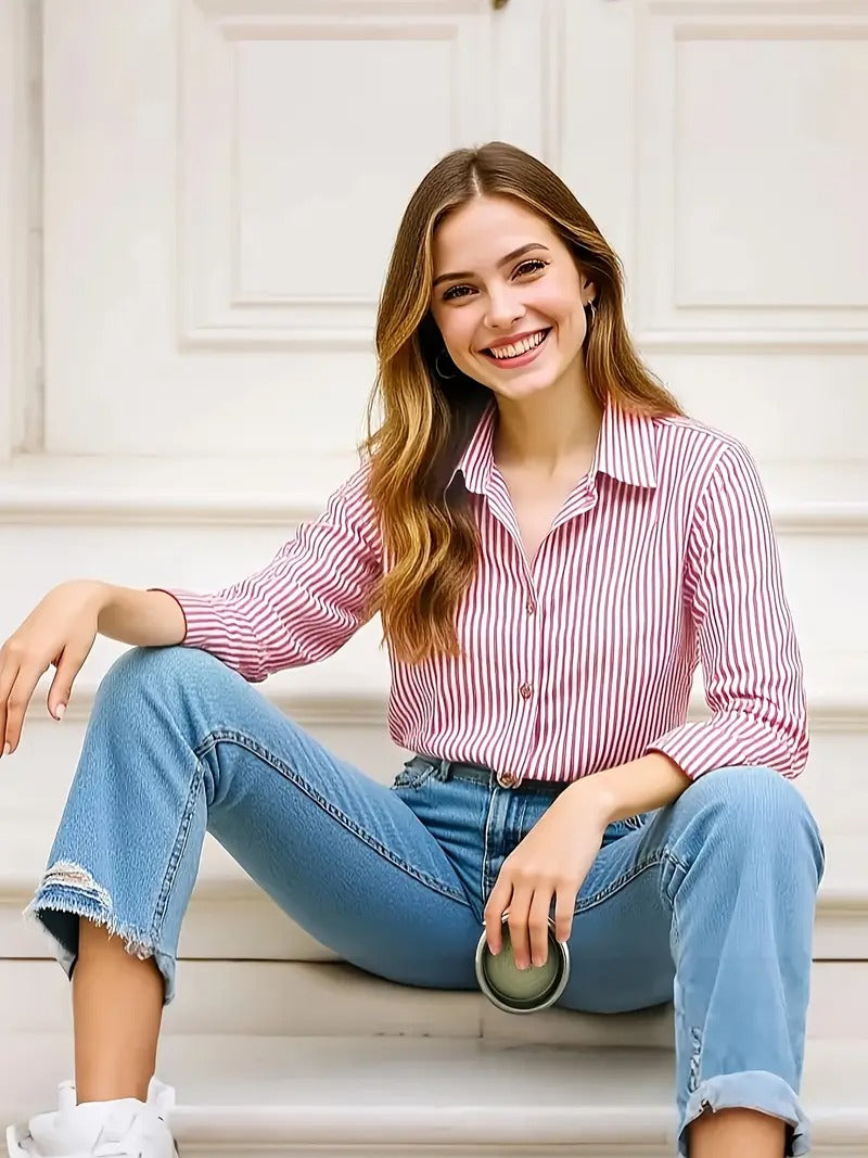 Chemisier tendance, rayé, manches longues, décontracté et chic