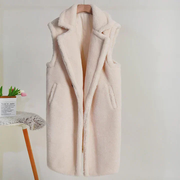 Veste teddy oversize douce sans manches mi-longue