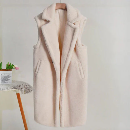 Veste teddy oversize douce sans manches mi-longue
