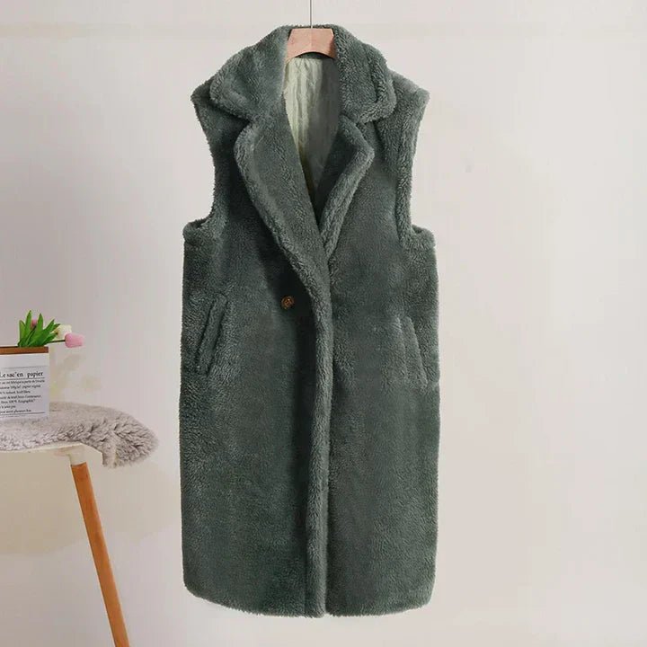 Veste teddy oversize douce sans manches mi-longue