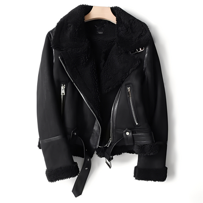 Blouson en cuir femme | Blouson motard femme en peau de mouton chaude
