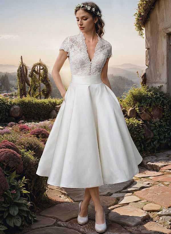 Elegantes Damen Hochzeitskleid Spitze Midi - IdealeKleiden