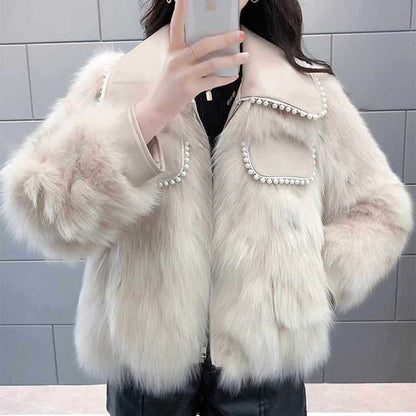 Veste de luxe fausse fourrure détails perles