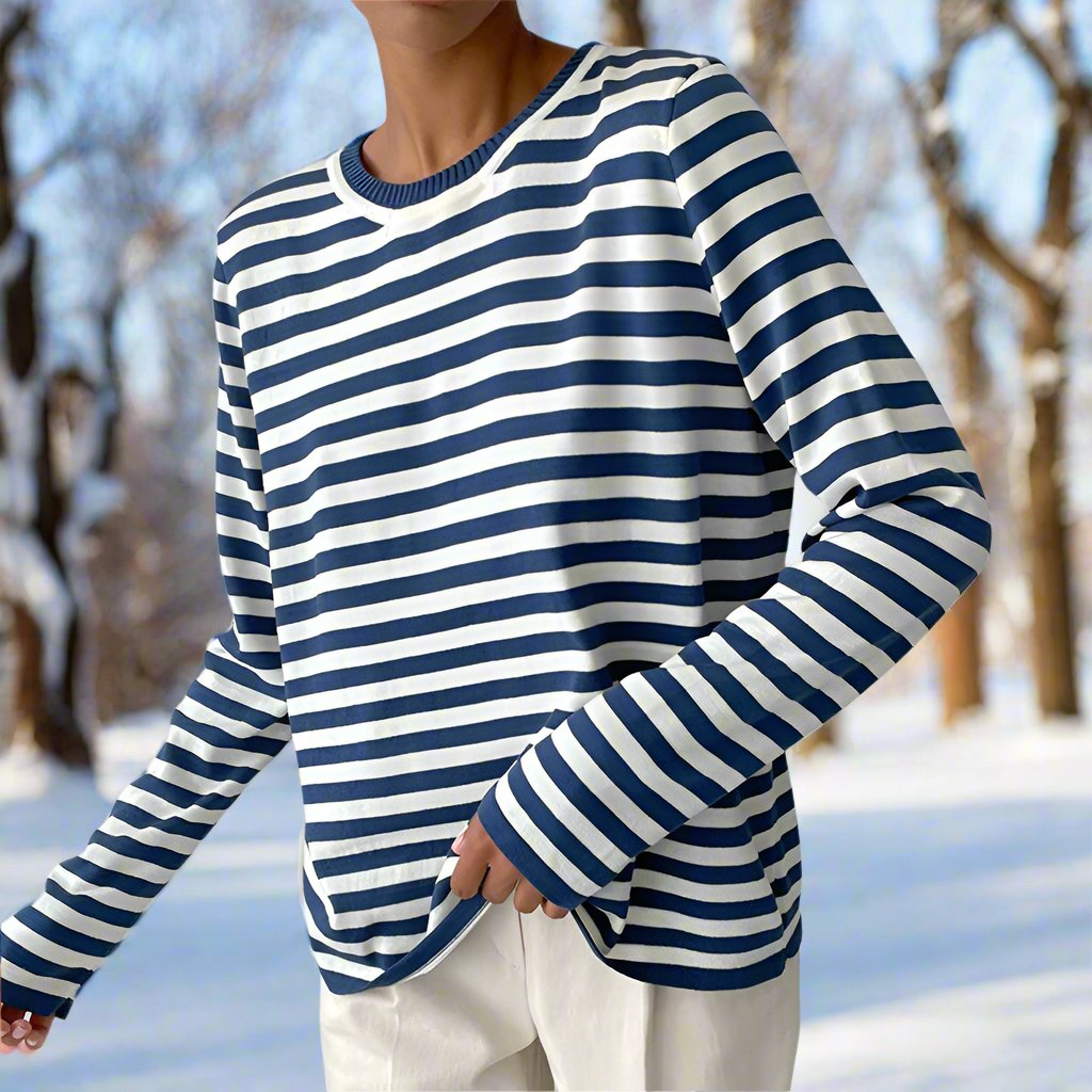 T-shirt manches longues confortable rayé col rond coton