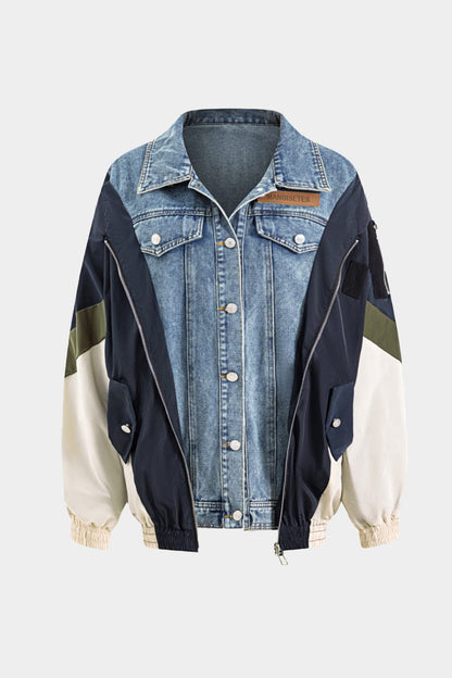 Veste patchwork stylée en jean et nylon tendance