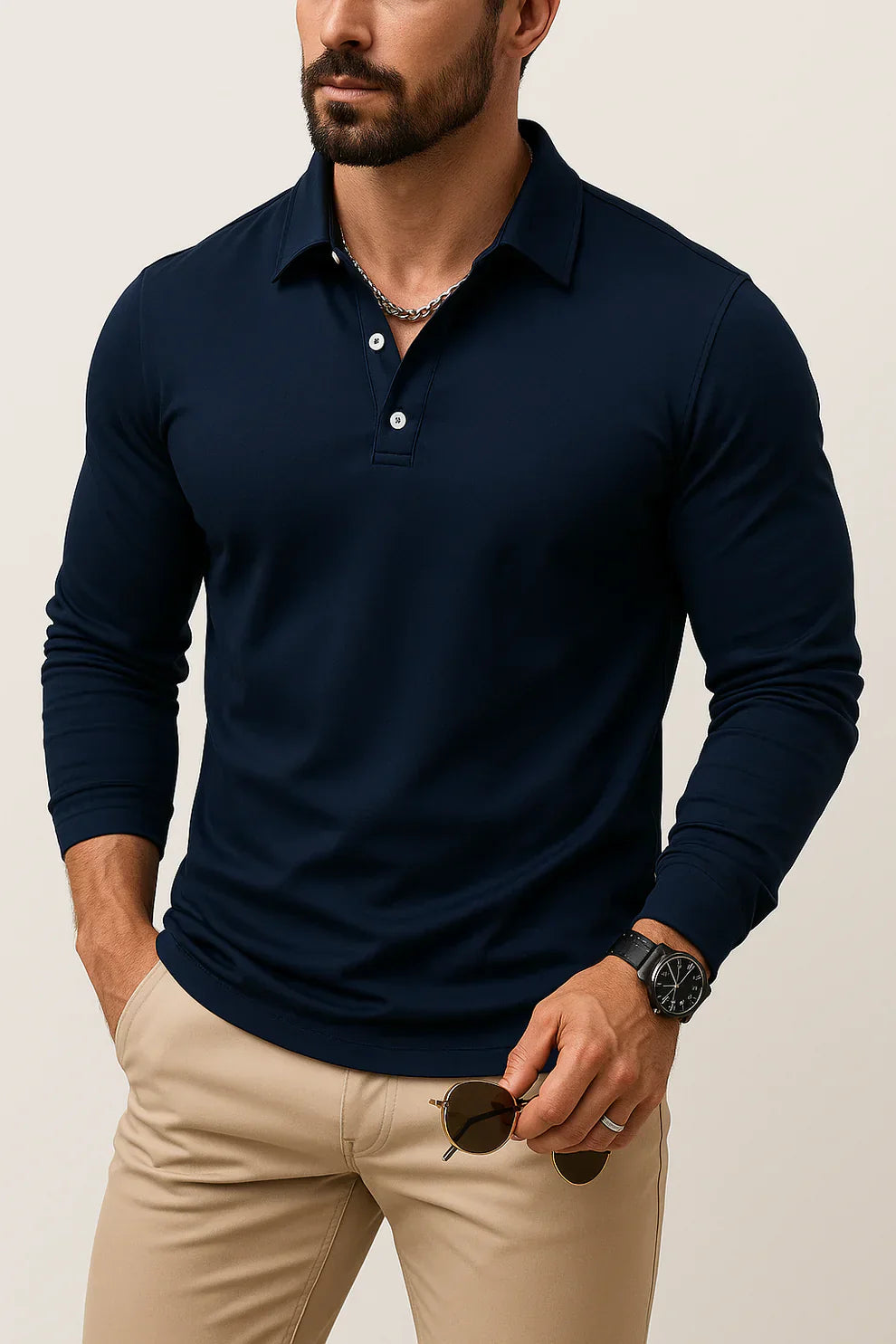 Polo à manches longues pour homme, coupe slim, moderne