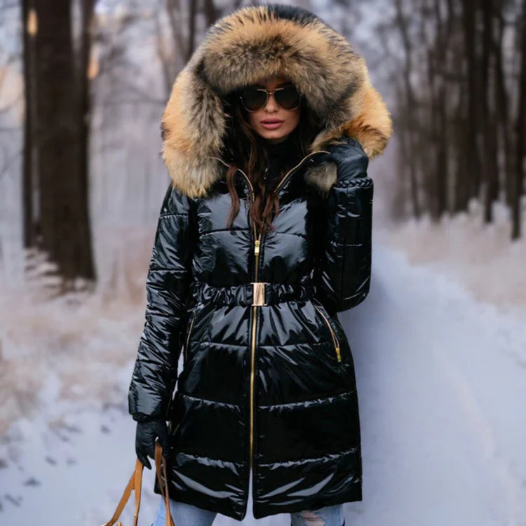 Warme Winterjacke mit Kapuze Glanzstoff - IdealeKleiden