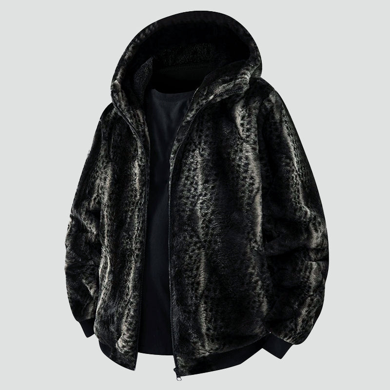 Veste à capuche en fausse fourrure, zip moderne sur le devant