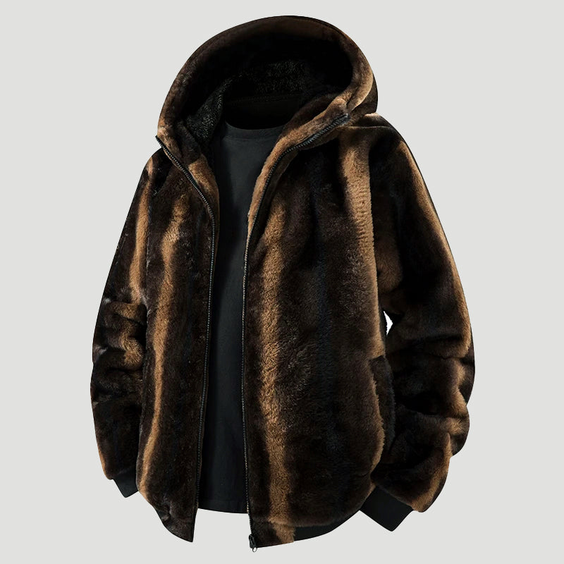 Veste à capuche en fausse fourrure, zip moderne sur le devant