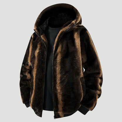 Veste à capuche en fausse fourrure, zip moderne sur le devant