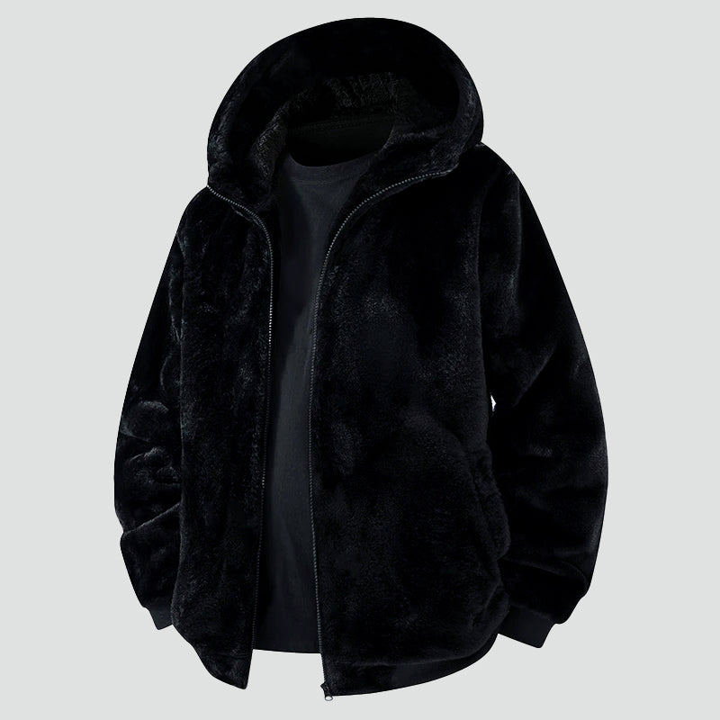 Veste à capuche en fausse fourrure, zip moderne sur le devant