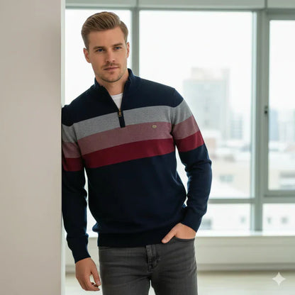 Herren Pullover Streifen Optik Viertelreißverschluss - IdealeKleiden