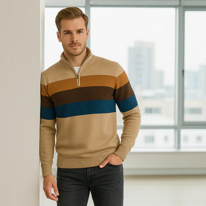 Pull pour homme à rayures avec fermeture éclair quart de longueur
