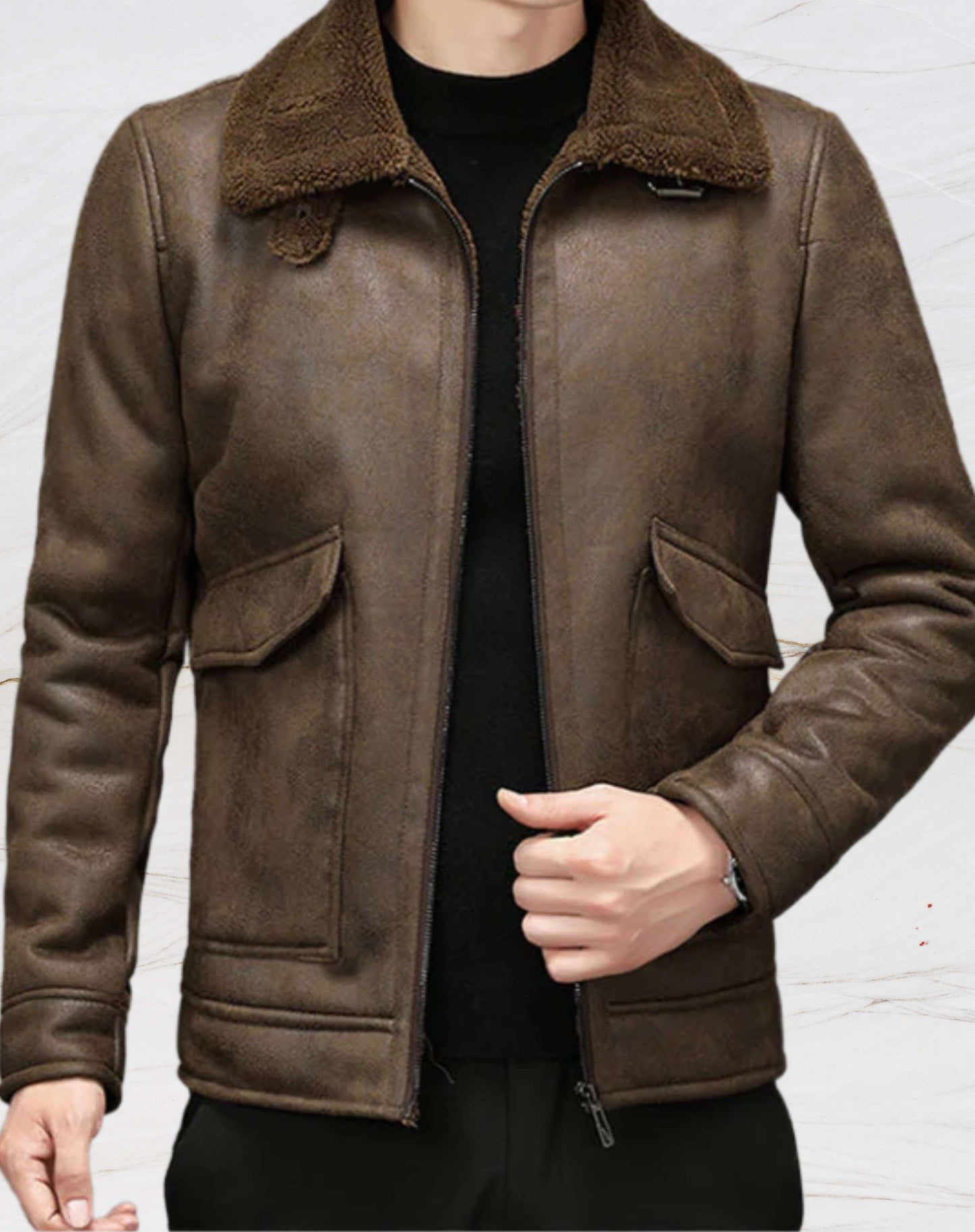 Braune Lederjacke Vintage Style Kunstfell Mantel - IdealeKleiden