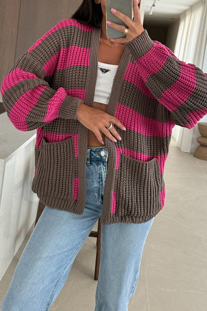 Gilet long tricoté pour femme, motif à rayures, coupe décontractée