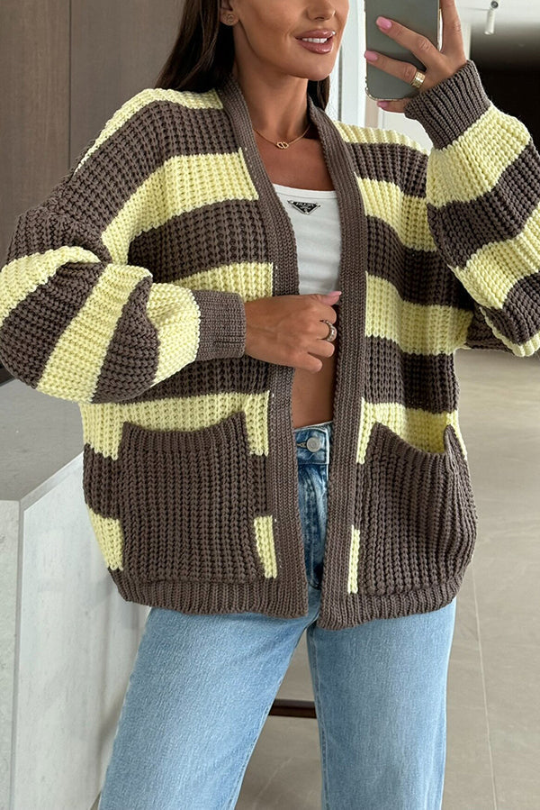Gilet long tricoté pour femme, motif à rayures, coupe décontractée