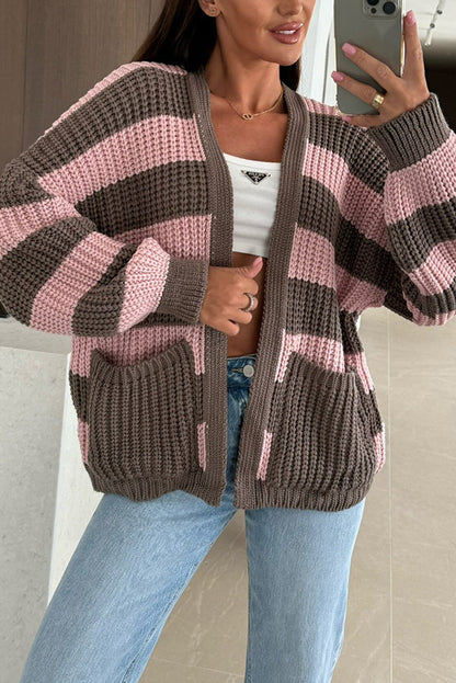 Gilet long tricoté pour femme, motif à rayures, coupe décontractée
