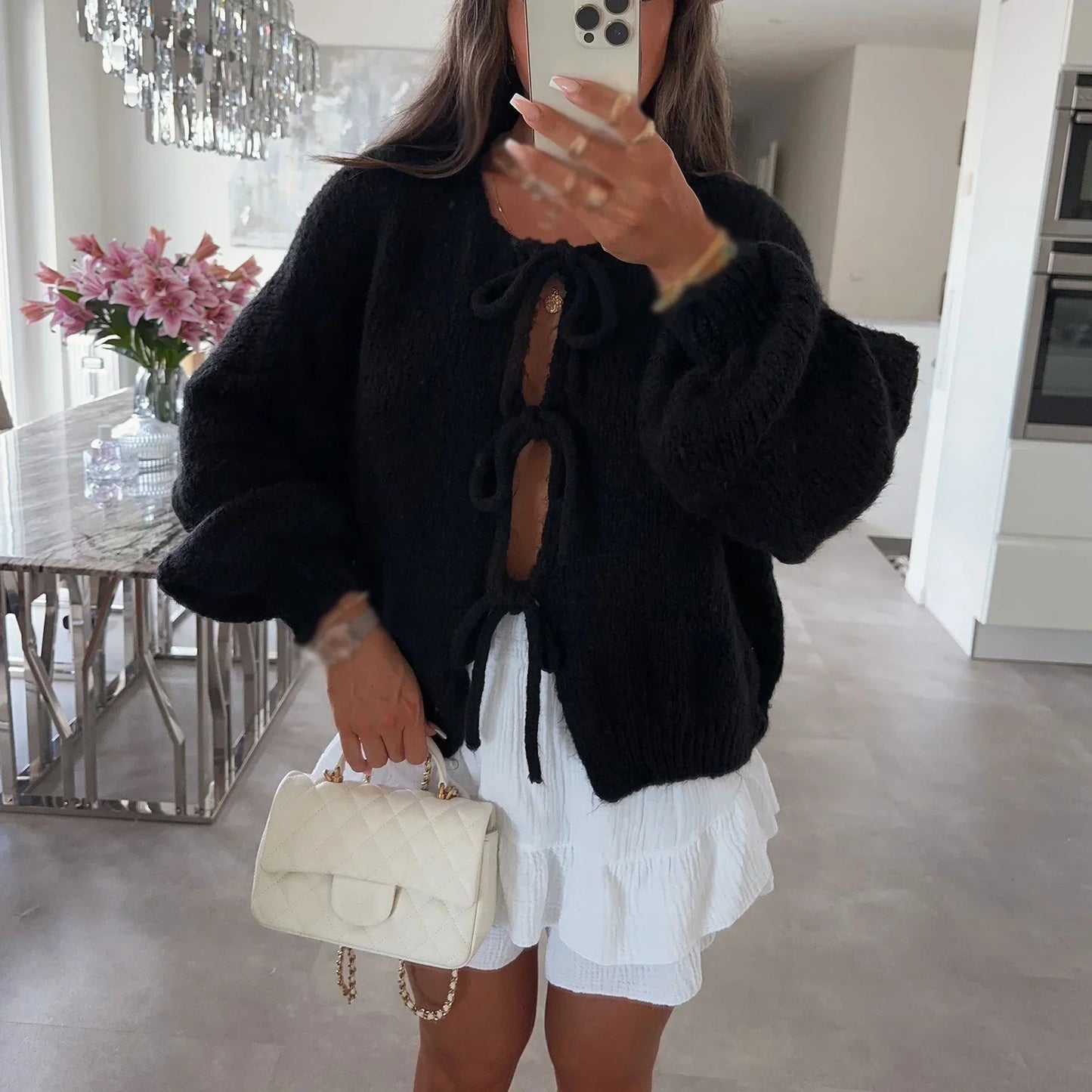Long cardigan pour femme avec ceinture à nouer