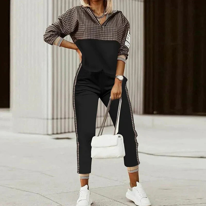 Ensemble de survêtement pour femme, style carreaux, manches longues