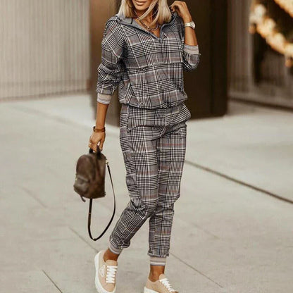 Ensemble de survêtement pour femme, style carreaux, manches longues