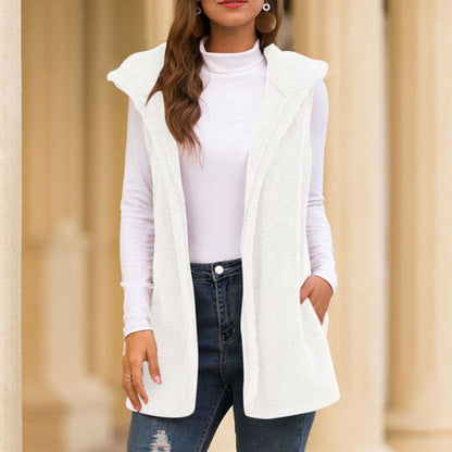 Gilet en polaire sans manches pour femme, à capuche, avec poches, sportif