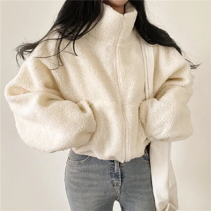Weiche Teddyjacke Damen Stehkragen Kuscheljacke - IdealeKleiden