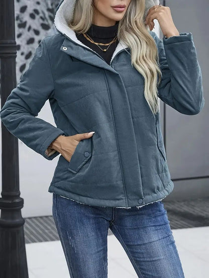 Manteau court femme chaud polaire capuche fermeture éclair