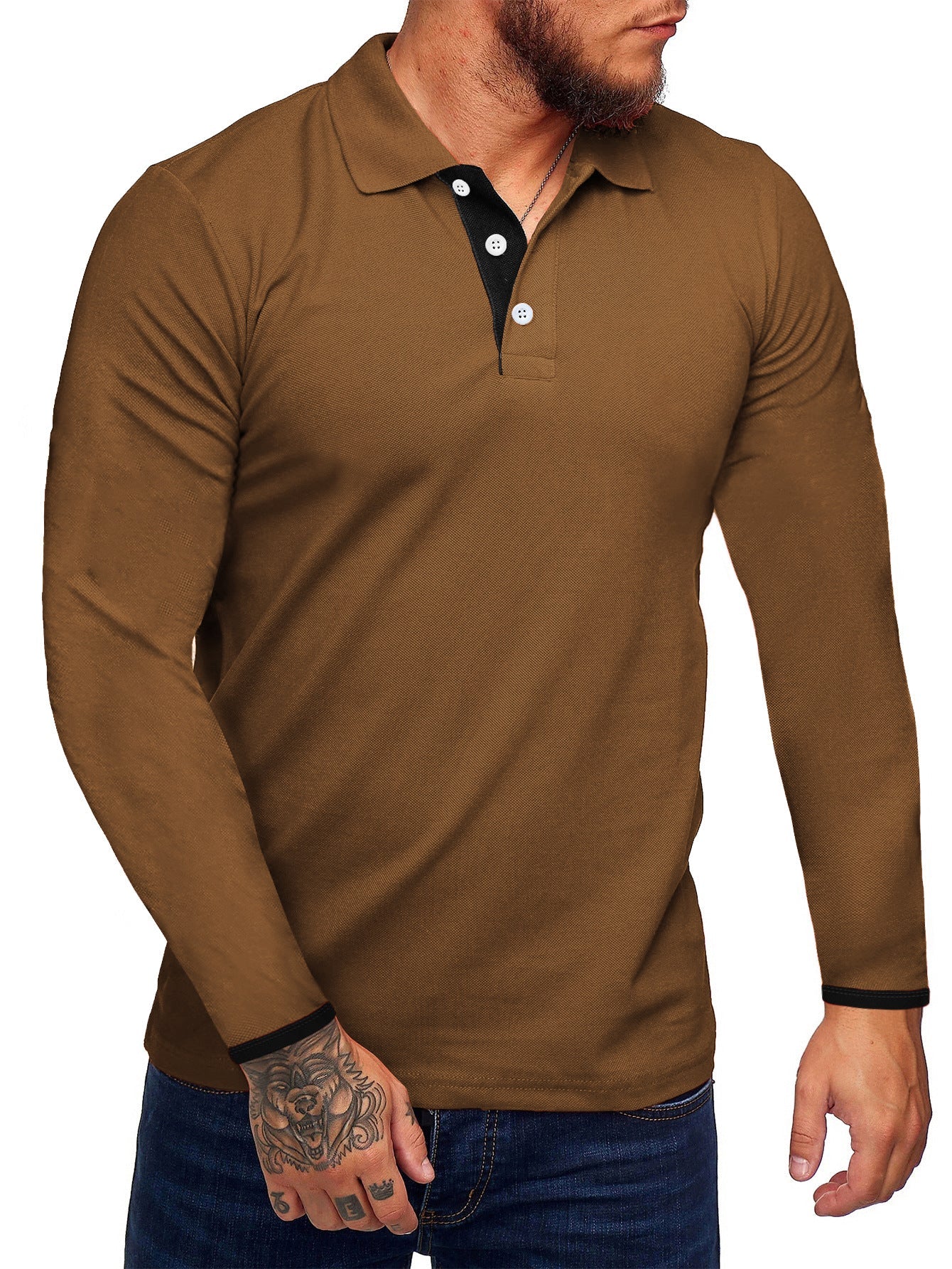Polo homme manches longues, moderne, boutons contrastés