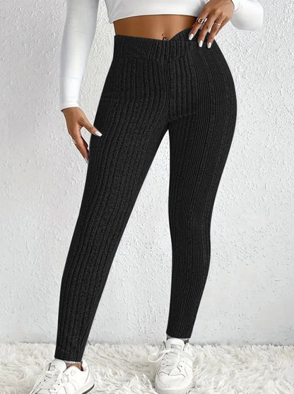 Legging en maille pour femme, taille haute, côtelée fine