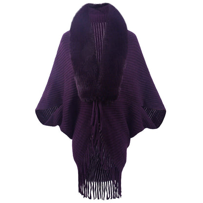 Poncho de luxe tricoté pour femme avec col en fausse fourrure et franges