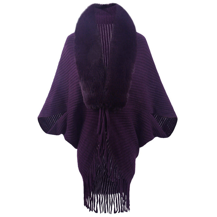 Poncho de luxe tricoté pour femme avec col en fausse fourrure et franges
