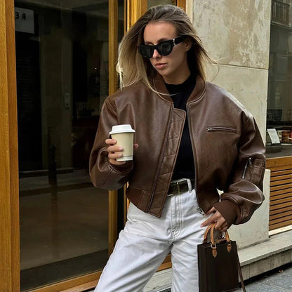 Blouson Aviateur en Cuir Femme Noir Tendance
