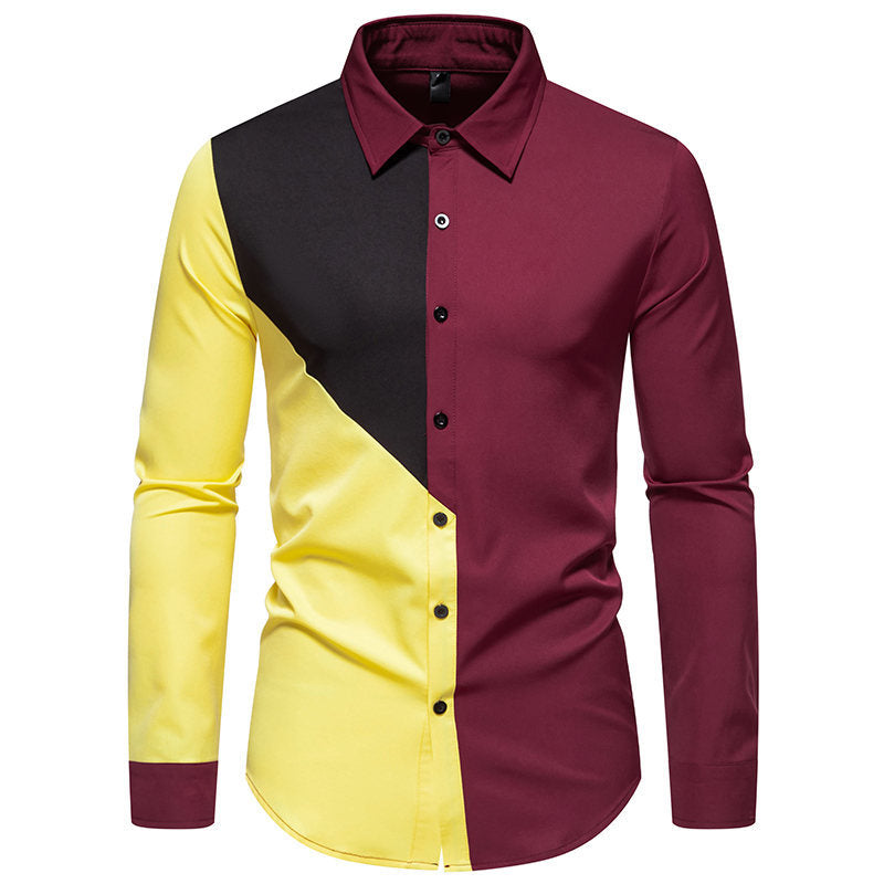 Chemise Homme Manches Longues Motif Géométrique Moderne Blocs de Couleurs