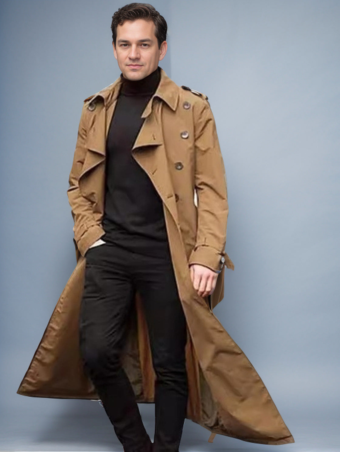 Trench-coat long élégant pour hommes avec poches