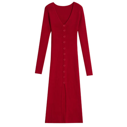 Robe longue femme, manches longues, motif côtelé, élégante, boutonnée