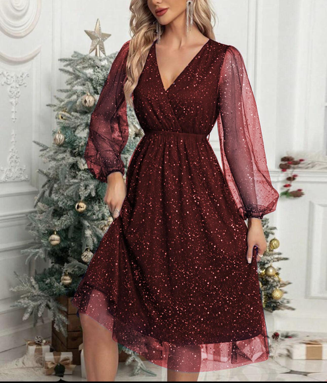 Robe de soirée scintillante pour femme avec manches bouffantes élégante