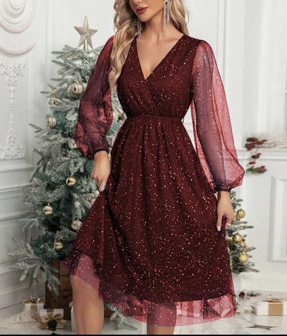 Robe de soirée scintillante pour femme avec manches bouffantes élégante