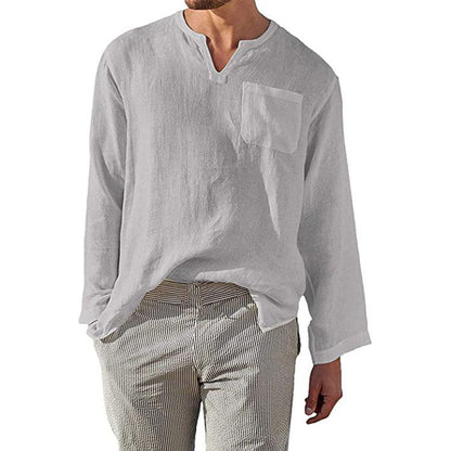 Chemise Homme Lin Manches Longues Élégante Poche Poitrine
