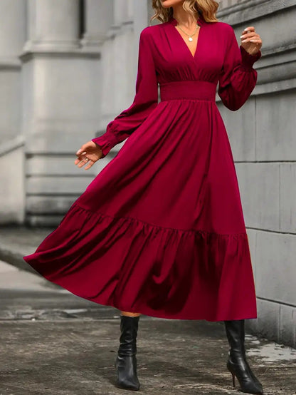 Robe longue femme élégante col en V manches bouffantes
