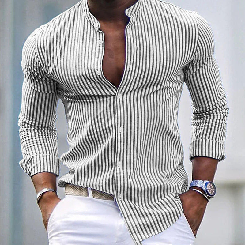 Chemise Homme Manches Longues Col Montant Rayé Moderne