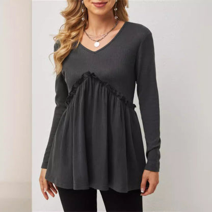 Damen Bluse V-Ausschnitt Rüschen Details Elegante Lange Ärmel - IdealeKleiden