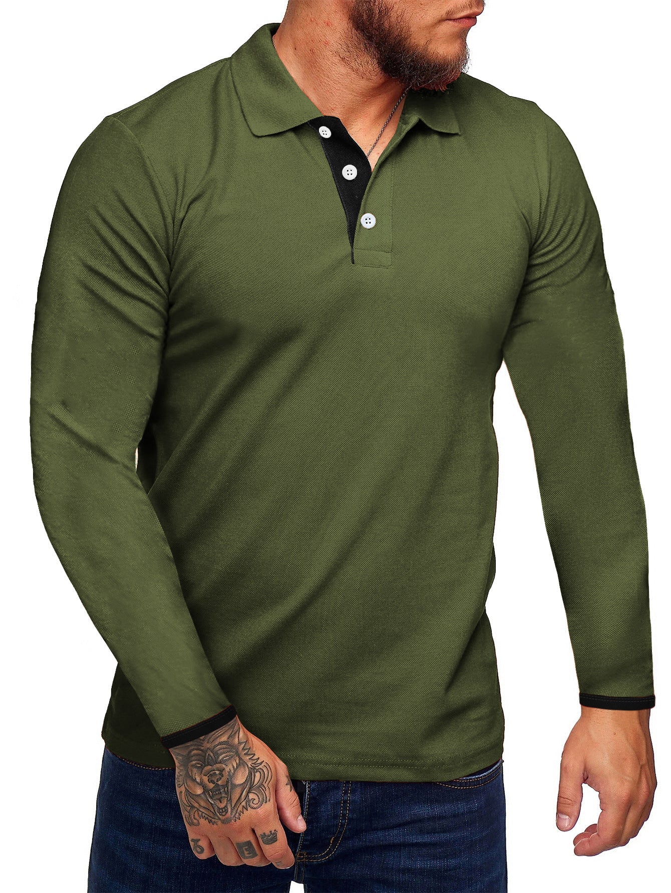 Polo homme manches longues, moderne, boutons contrastés