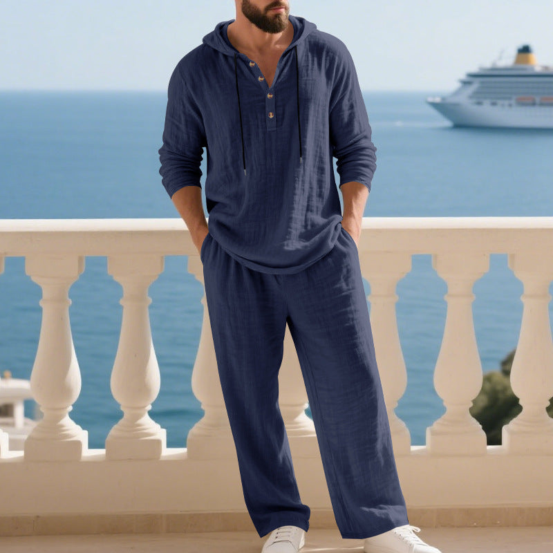 Ensemble de survêtement à capuche en lin pour homme, confortable avec poches