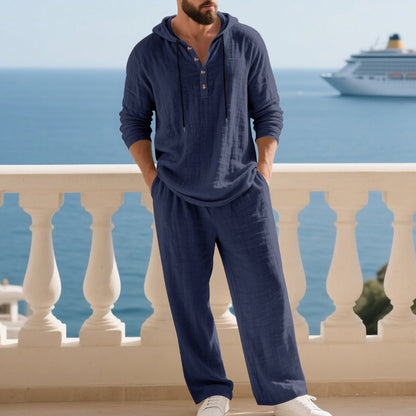 Ensemble de survêtement à capuche en lin pour homme, confortable avec poches