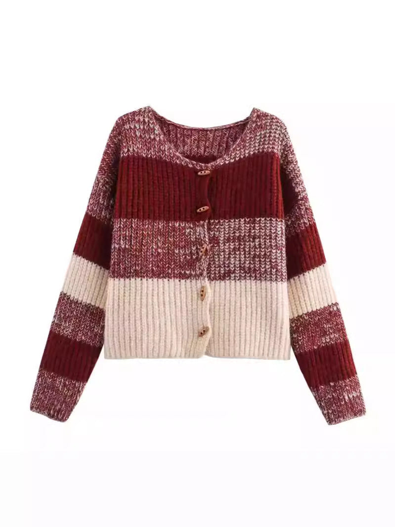 Cardigan Femme Élastique Côtes Boutons en Bois Design Élégant